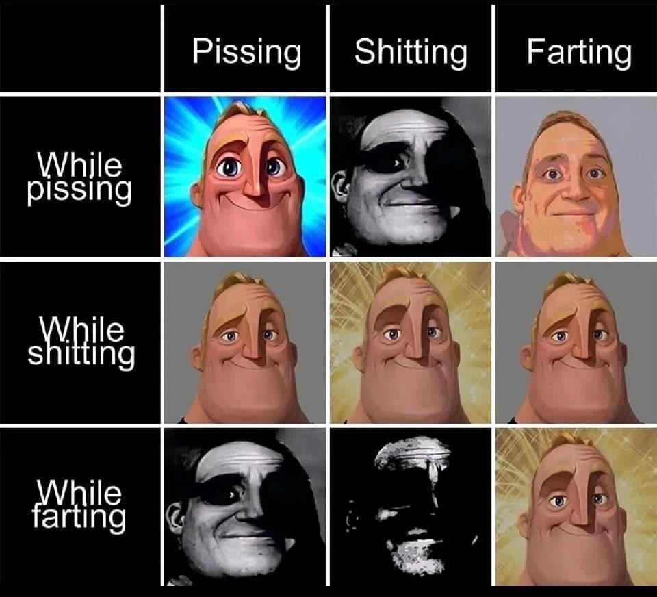 A matrix table of (Pissing, Shitting, Farting)x(While pissing, While shitting, While farting) with images showing Mr. Incredible's reaction to each combination. The results are what you'd expect.