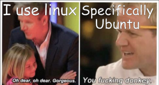 Gordon Ramsey meme "I use linux" "Oh dear, oh dear. Gorgeous. "Specifically Ubuntu" "You fucking donkey."