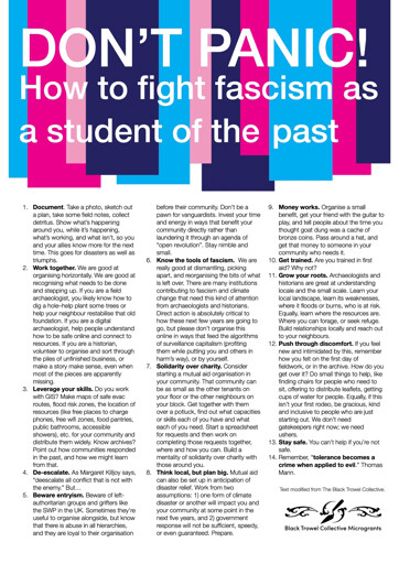 Poster for Don’t Panic! How to Fight Fascism as a Student of the Past. Full text can be found here: https://blacktrowelcollective.wordpress.com/2024/11/13/dont-panic-how-to-fight-fascism-as-an-archaeologist/