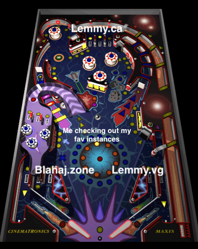 Pinball of "Me checking out my fav instances" between of Lemmy.vg, Lemmy.ca and Blahaj.zone.