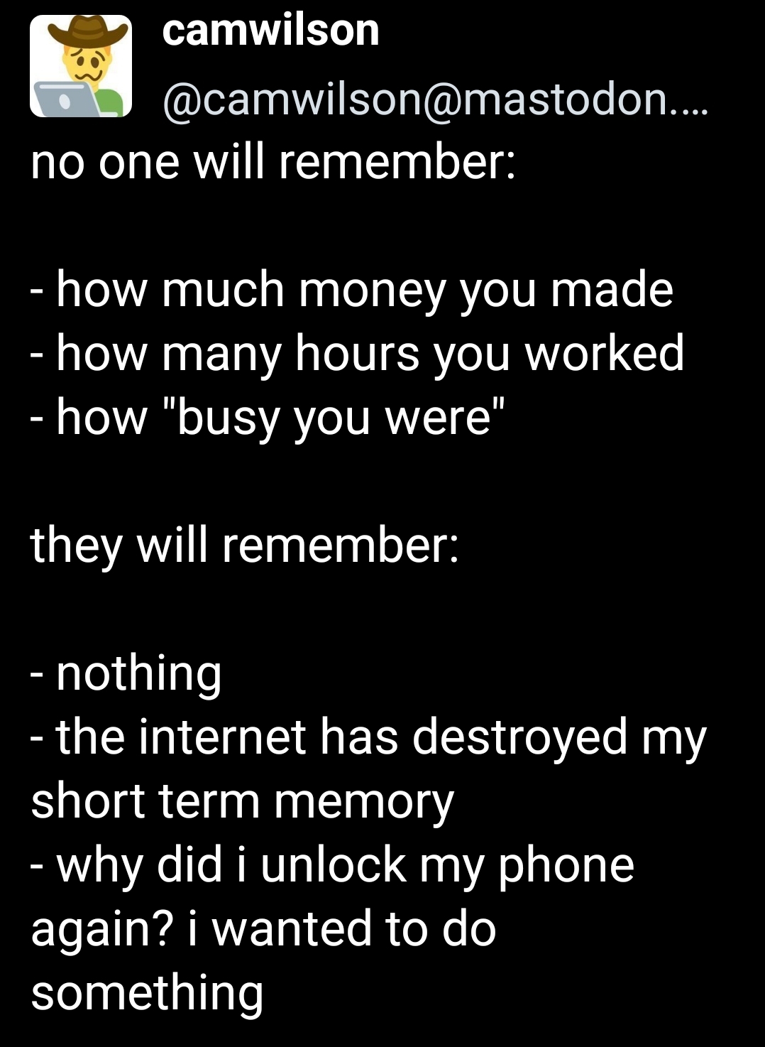 camwilson@mastodon.social post on mastodon:

 - no one will remember:

- how much money you made
- how many hours you worked
- how "busy you were"

they will remember:

- nothing
- the internet has destroyed my short term memory
- why did i unlock my phone again? i wanted to do something