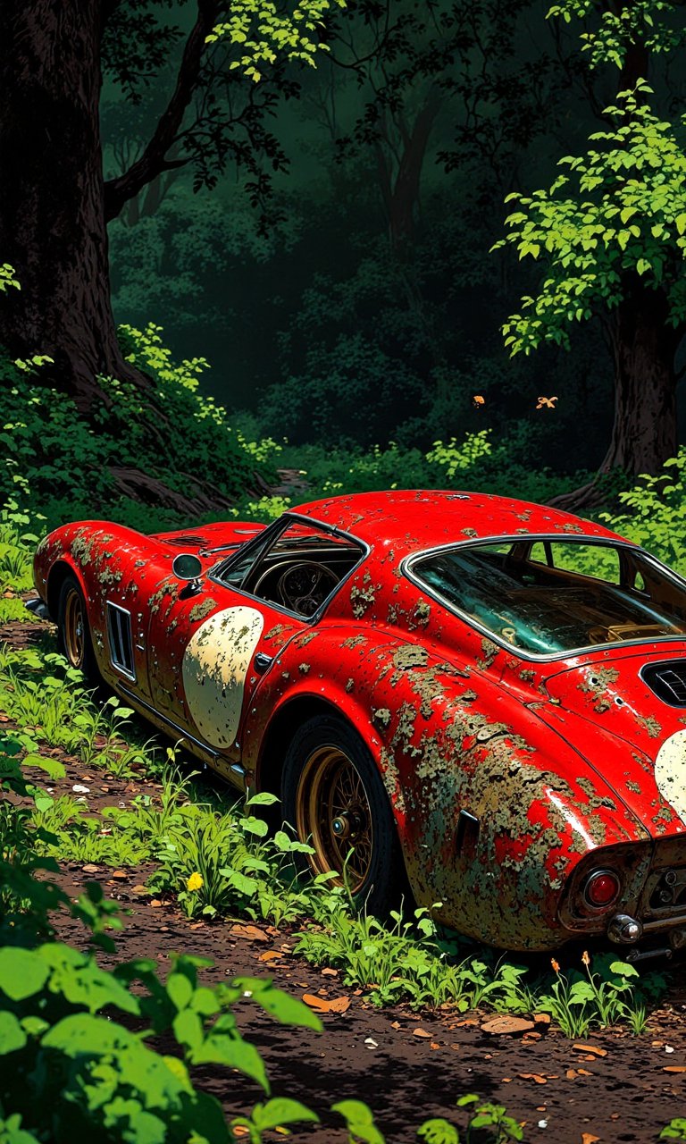 A red vintage sports car, partially covered in rust and moss, abandoned in a dense forest. The car sits on a dirt path surrounded by tall trees.