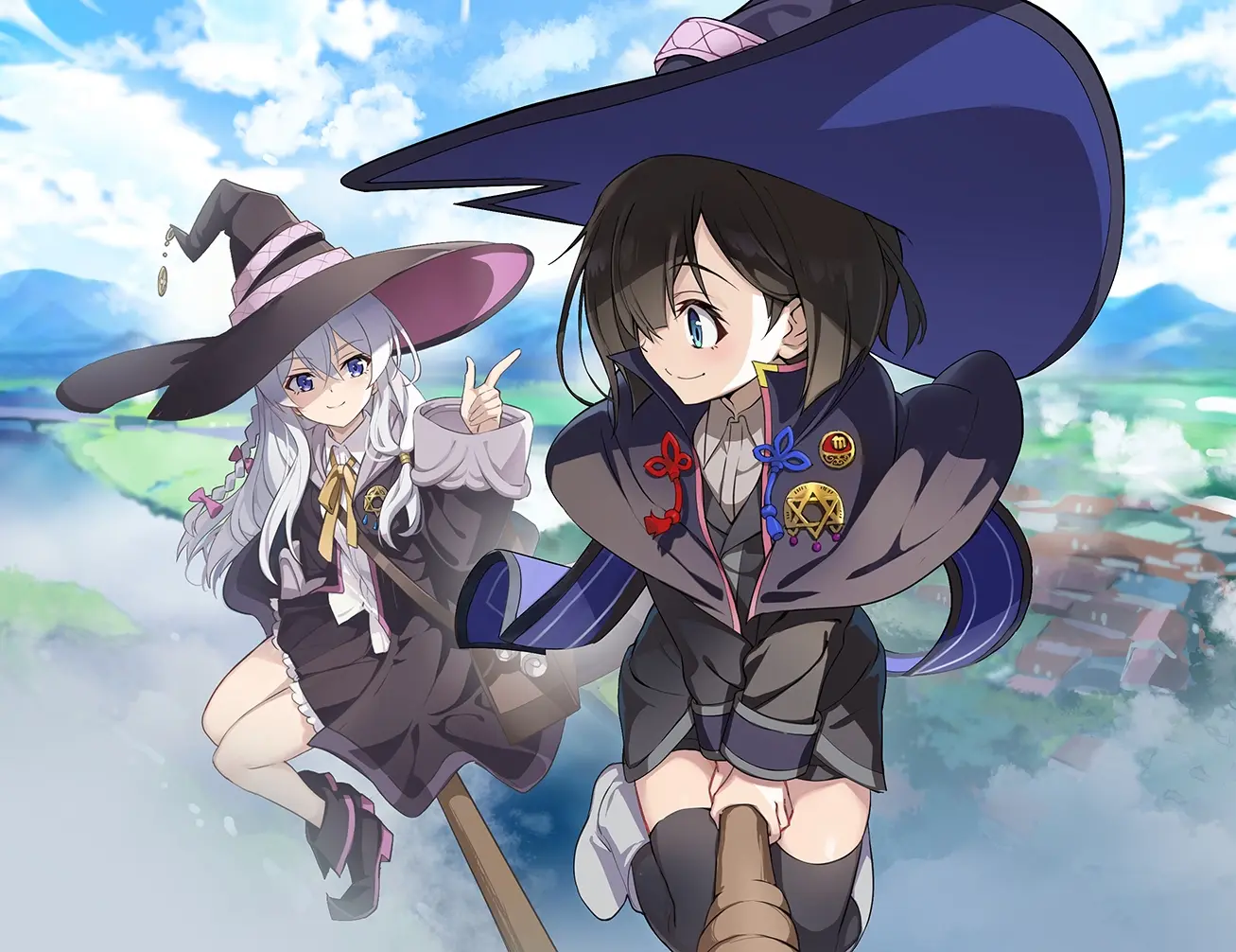 two cute witches flying through the daylit sky