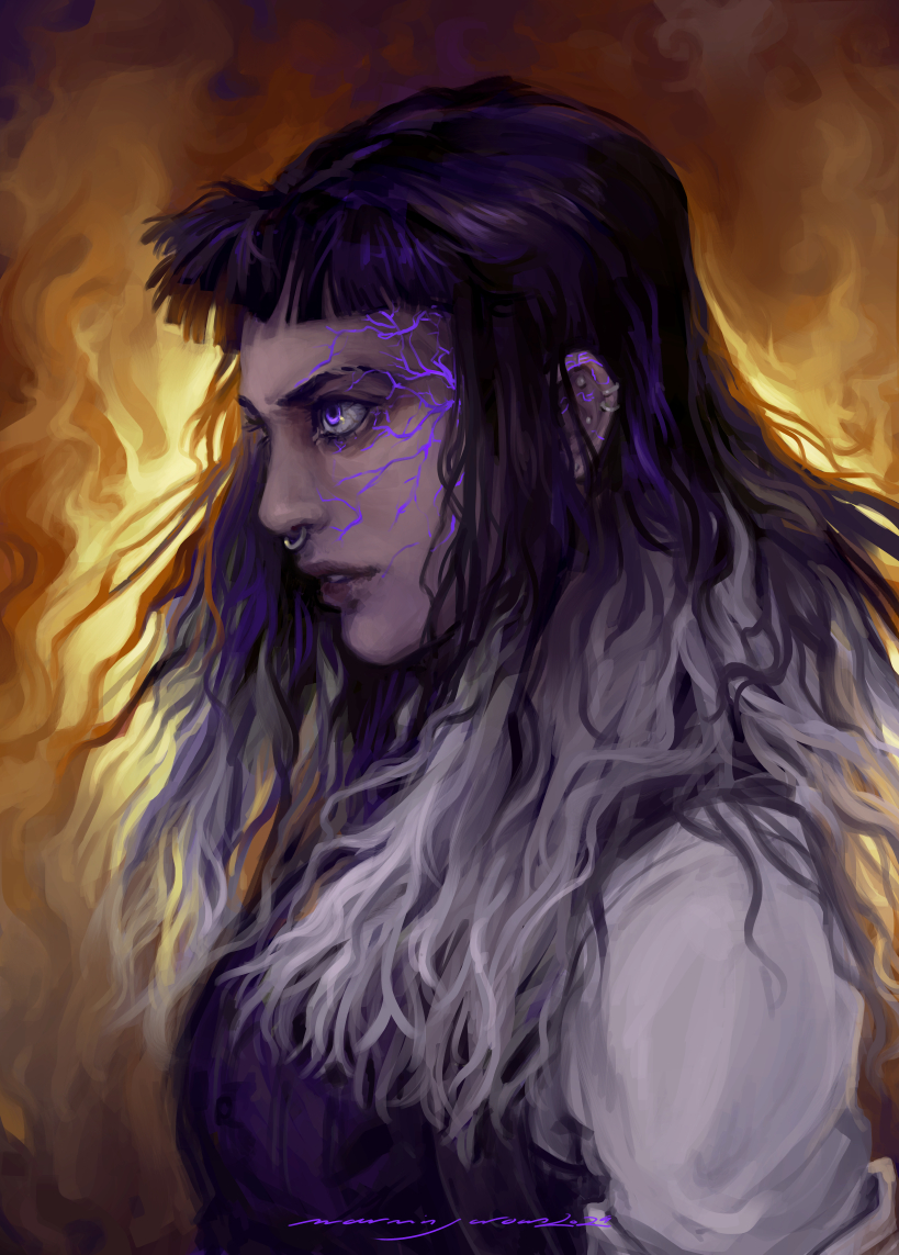 Portrait illustration of a young white-skinned woman looking tense or angry; she has long, fuzzy hair that goes in a gradient from black at the top to white at the bottom and purple glowing lightning scars on the side of her face; the background resembles flames