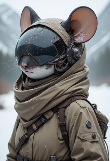 An anthropomorphic mouse dressed in a high-tech outfit standing in a snowy mountainous environment. The individual is wearing a helmet with openings for their mouse ears and a visor that covers the upper half of the face, and a beige, heavy-duty coat with multiple straps and buttons. Snowflakes are visible on their clothing and helmet, and ears. The background features blurred, snow-covered mountains and trees, adding to the wintry atmosphere. 