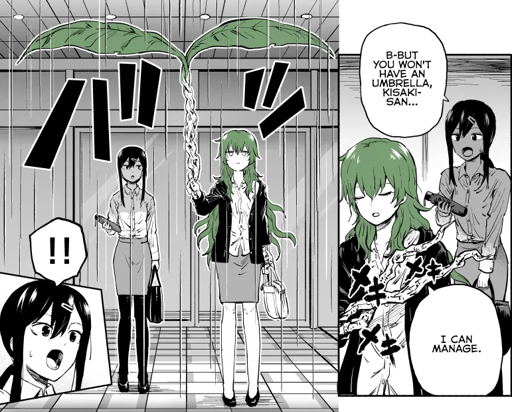A woman's arm growing into a giant sprout. The big leaves act as two umbrellas for herself and her friend. The tree woman is calm but her friend is surprised.