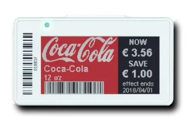 An image of an e-ink shop pricing label, displaying a product name, company logo, discount, and when the discount expires.