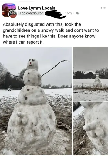 Post to a Facebook group called Love Lymm Locals: "Absolutely disgusted with this, took the grandchildren on a snowy walk and don't want to have to see things like this. Does anyone know where I can report it." Accompanied with some pictures of a snow person with a fairly detailed penis modeled.