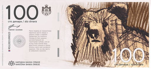 a Serbian banknote for 100 Serbian dinar with an illustrated bear on the banknote