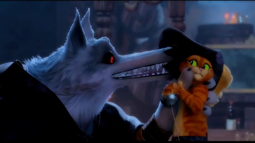 the picture is from the movie Puss in Boots: the last wish. A big wolf with a black cloak is holding "puss in boots" by the neck. puss has a thin sword. there is a fear on his face from seeing death